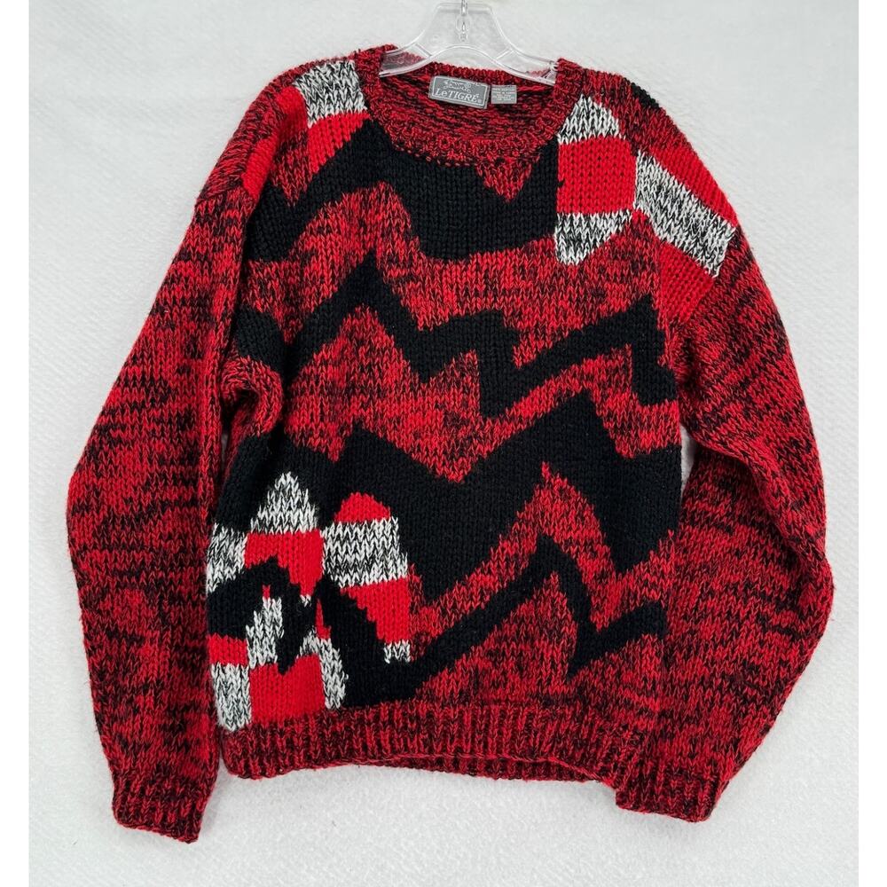 Vintage Le Tigre Mens Red Black Geometric Long Sleeve Pullover Sweater Sz L